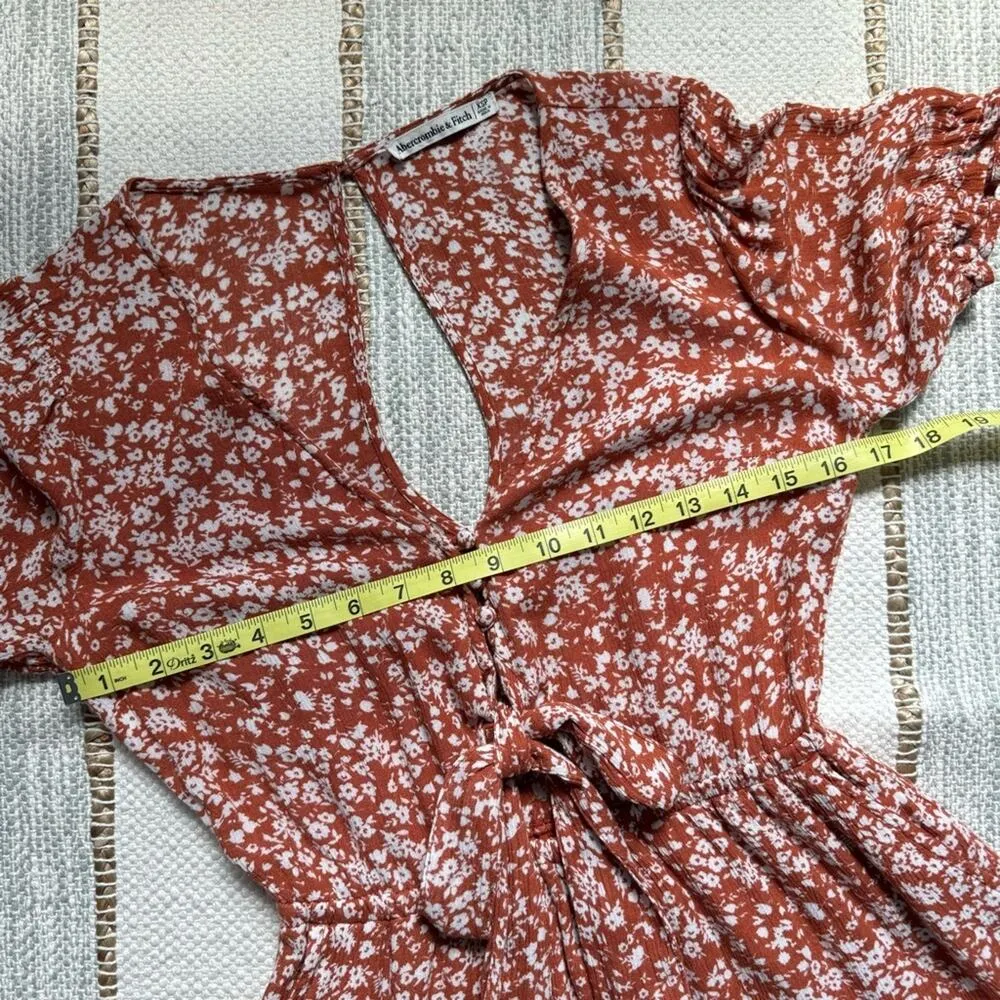 Abercrombie & Fitch Orange White Floral Short Sleeve Bow Front Romper XS Petite - Image 6