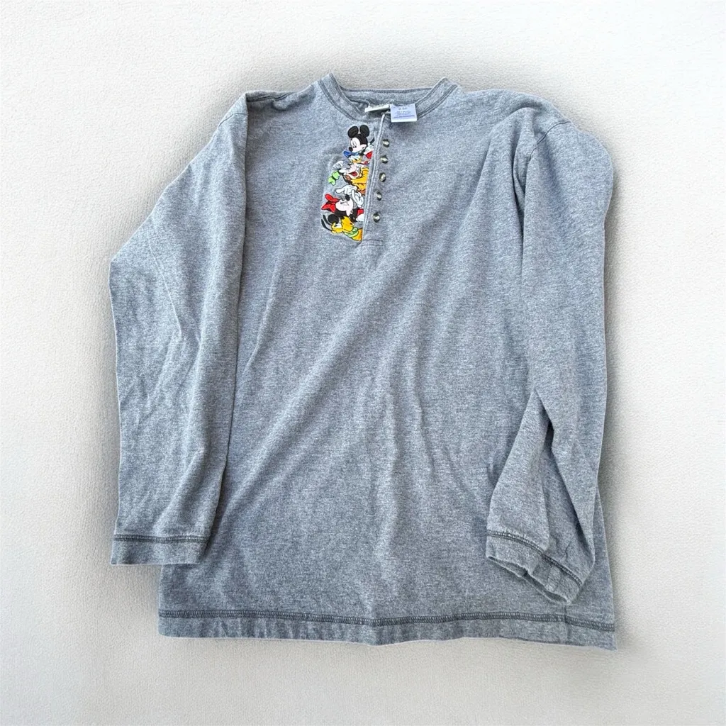 Y2K Vintage The Disney Store Mickey And Friends Henley Embroidered Gray Sz Large - Image 3