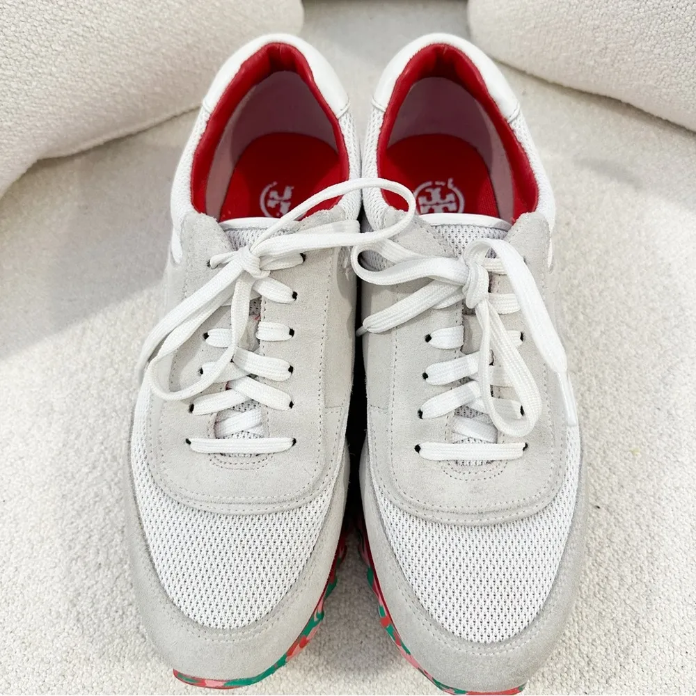 Tory Burch Festival Sawtooth Logo Trainer Sneaker suede cream red sz 8 - Image 5