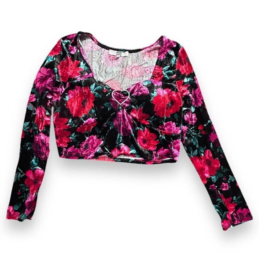 Madden‎ NYC 3X Black Velvet Floral Cropped Top Rhinestone Heart Y2K Whimsigoth - Image 6