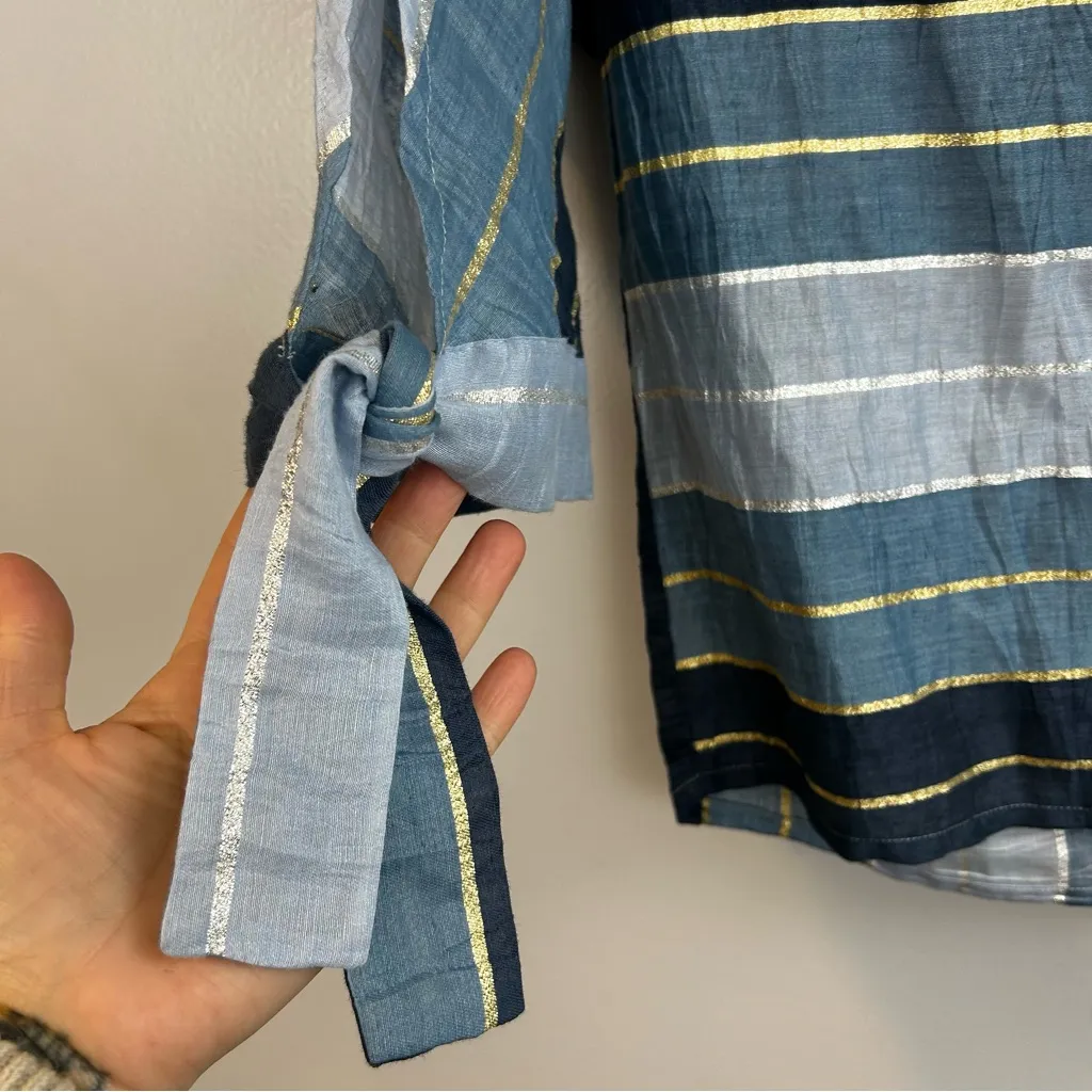 Vilagallo Blue Metallic Striped Split Neck Linen Blend Popover Blouse Size 8 - Image 10