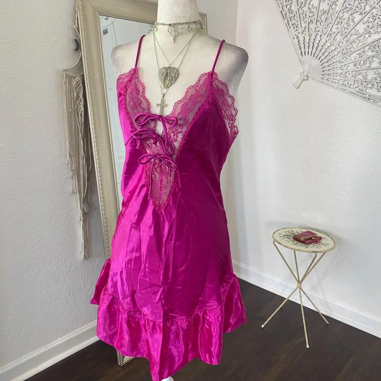 Featherbed Early 2000 Bright Pink Satin Fairy Lace Up Lingerie Slip Mini Dress Size M - Image 6