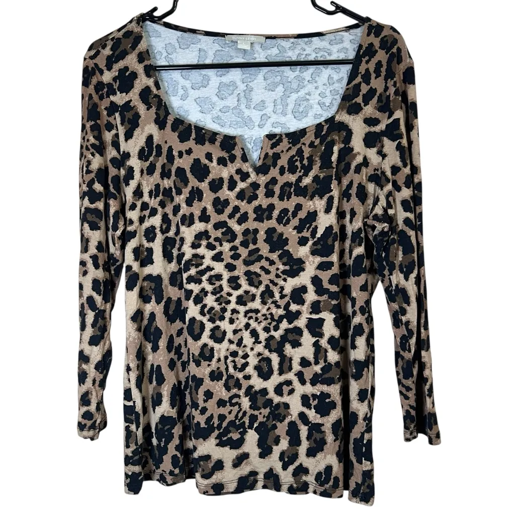 SUNNY LEIGH Womens Stretch Cheetah Print Top 3/4 Sleeve Square Neck Mobwife Sz L - Image 9