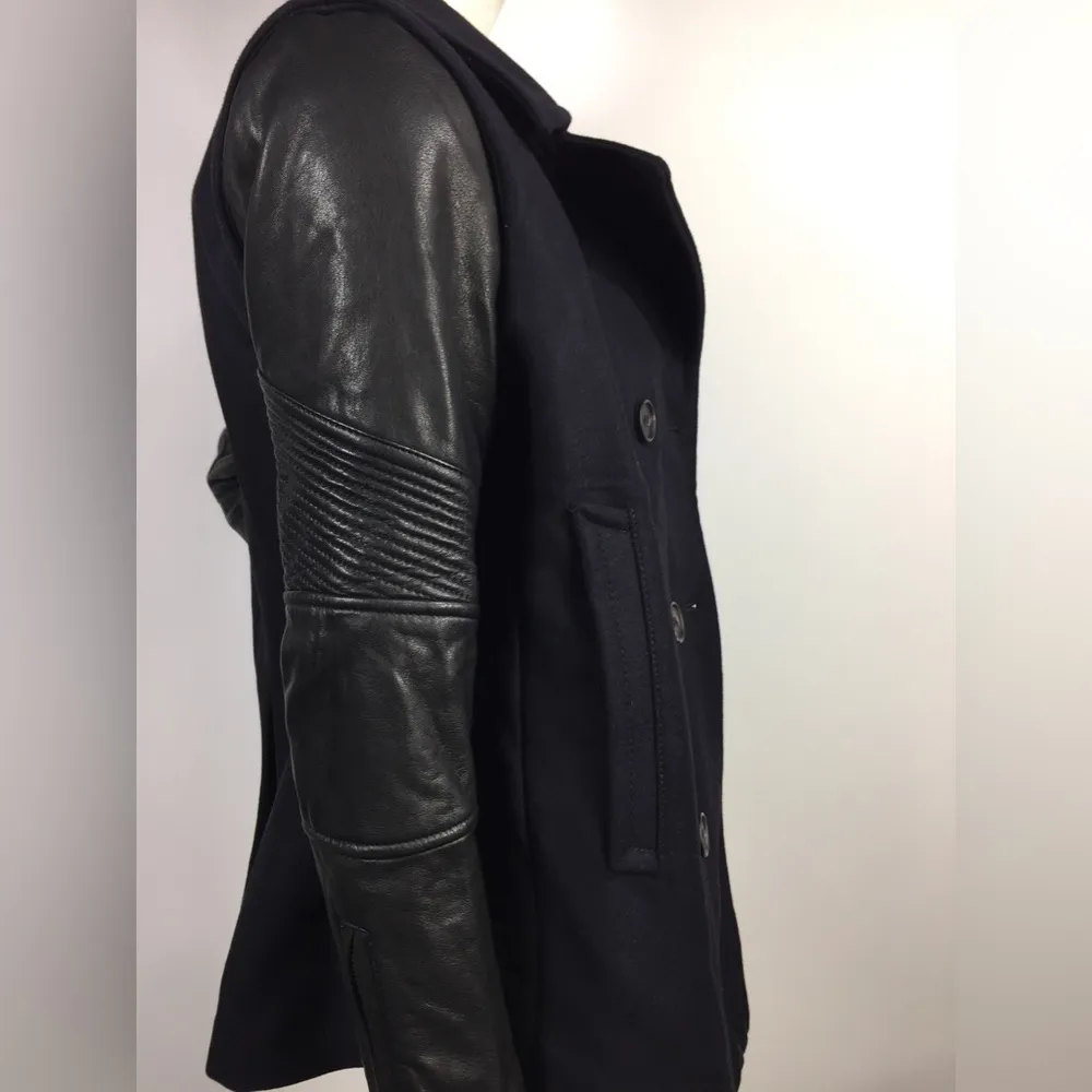 All Saints Zaskia Pea Coat Navy Wool Black Leather
Sleeves Double Breasted - Image 13