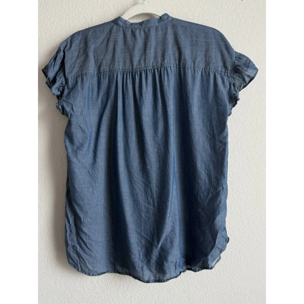 LOFT Chambray Denim Top Women’s M Ruffle Sleeves‎ Button Down Sleeveless Blouse - Image 8