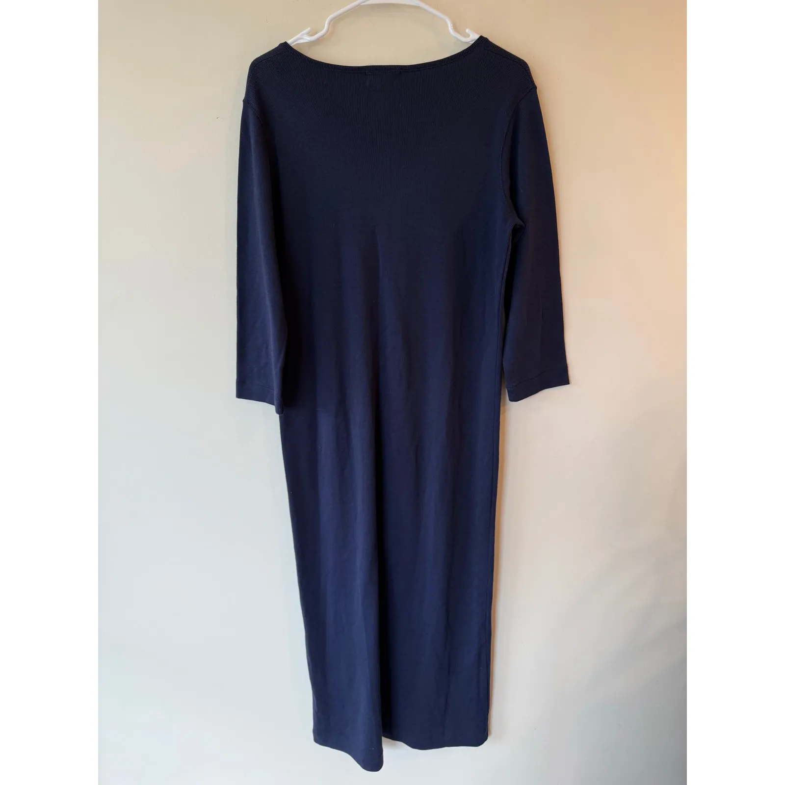 Lauren Ralph Lauren Midi Dress Women Medium Navy Cotton Ribbed Knit Button Front Blue - Image 2