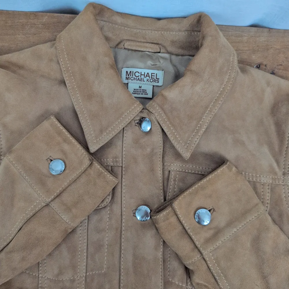 Michael Kors; Michael Brown Leather Suede Ladies' Trucker Jacket Medium - Image 5