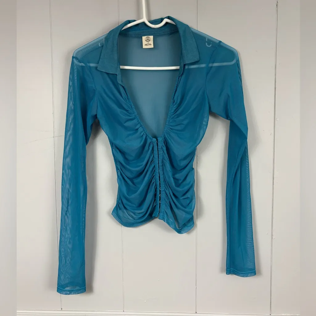 Urban Outfitters Blue Sheer Y2K Mesh Ruched Hook-Front Long Sleeve Stretch Top L - Image 7