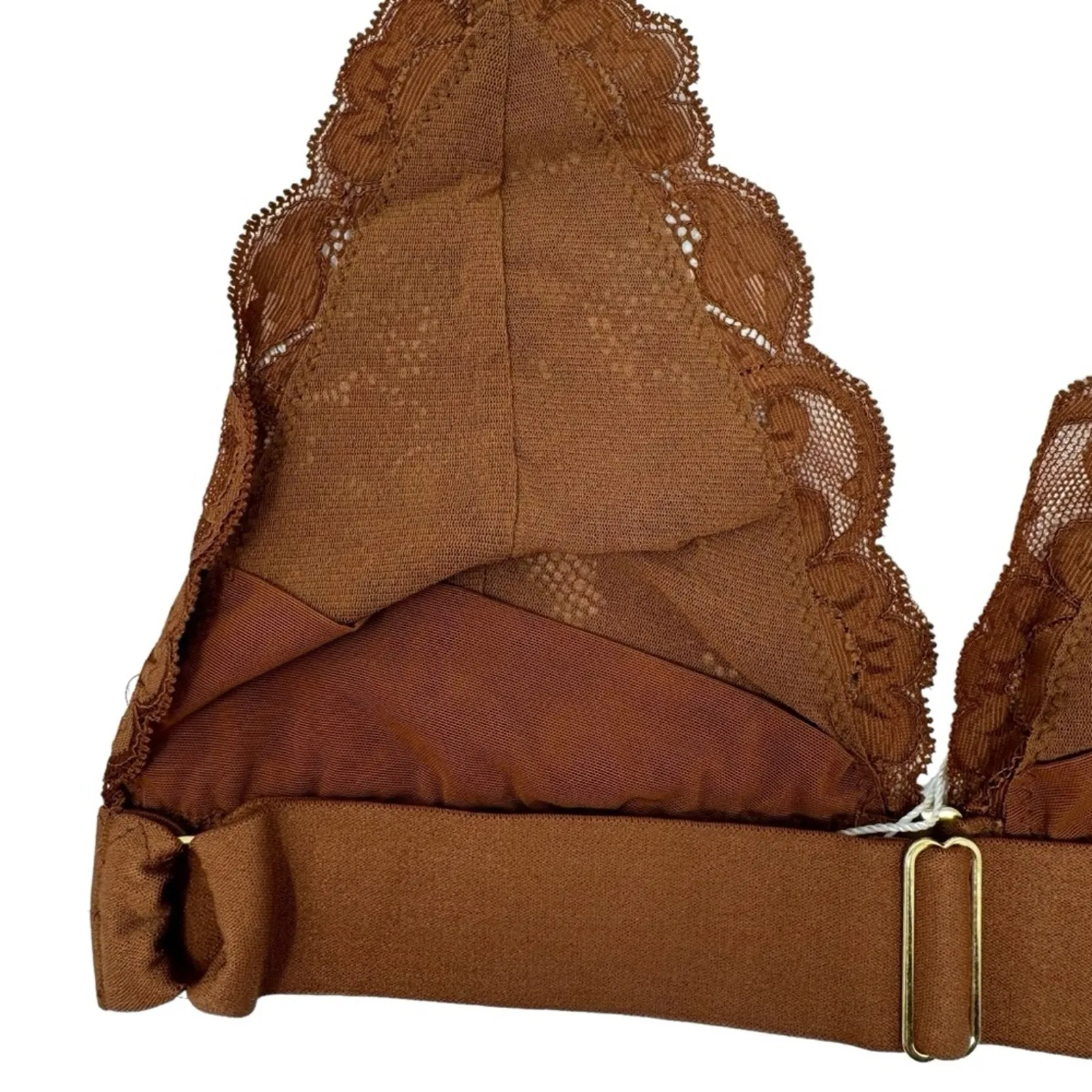 We Are HAH Groupie Triangle Bralette Milk Chocolate Lace Halter Open Back Size S Brown - Image 6