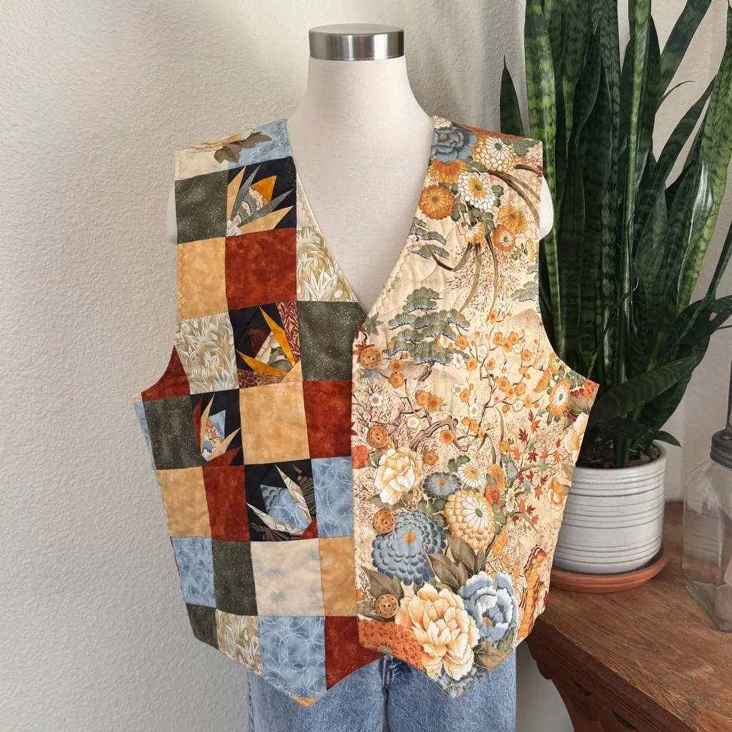 Vintage Patchwork Floral Quilted Vest Reversible Boho Fall Layering large‎ Orange - Image 11
