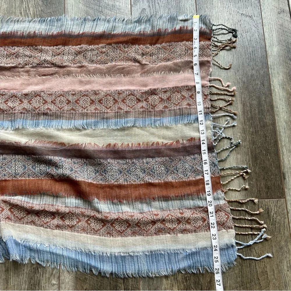 PRANA Mae Scarf Wrap Fringed Striped Tan Blue Cream Multicolored 100% Wool - Image 7