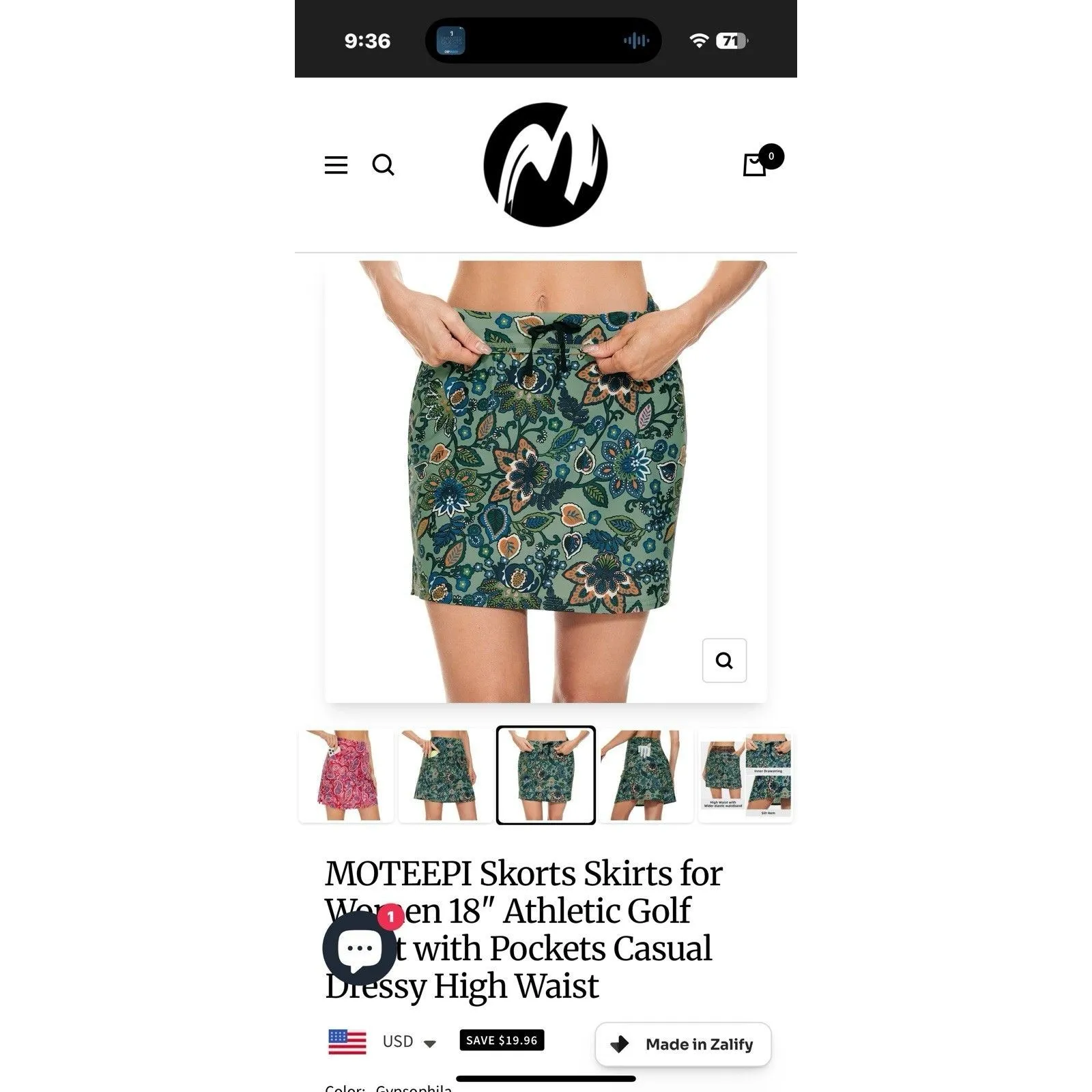 Moteepi Pull On Golf Pickleball Skort Skirt w Shorts Small Pockets Green Floral - Image 6