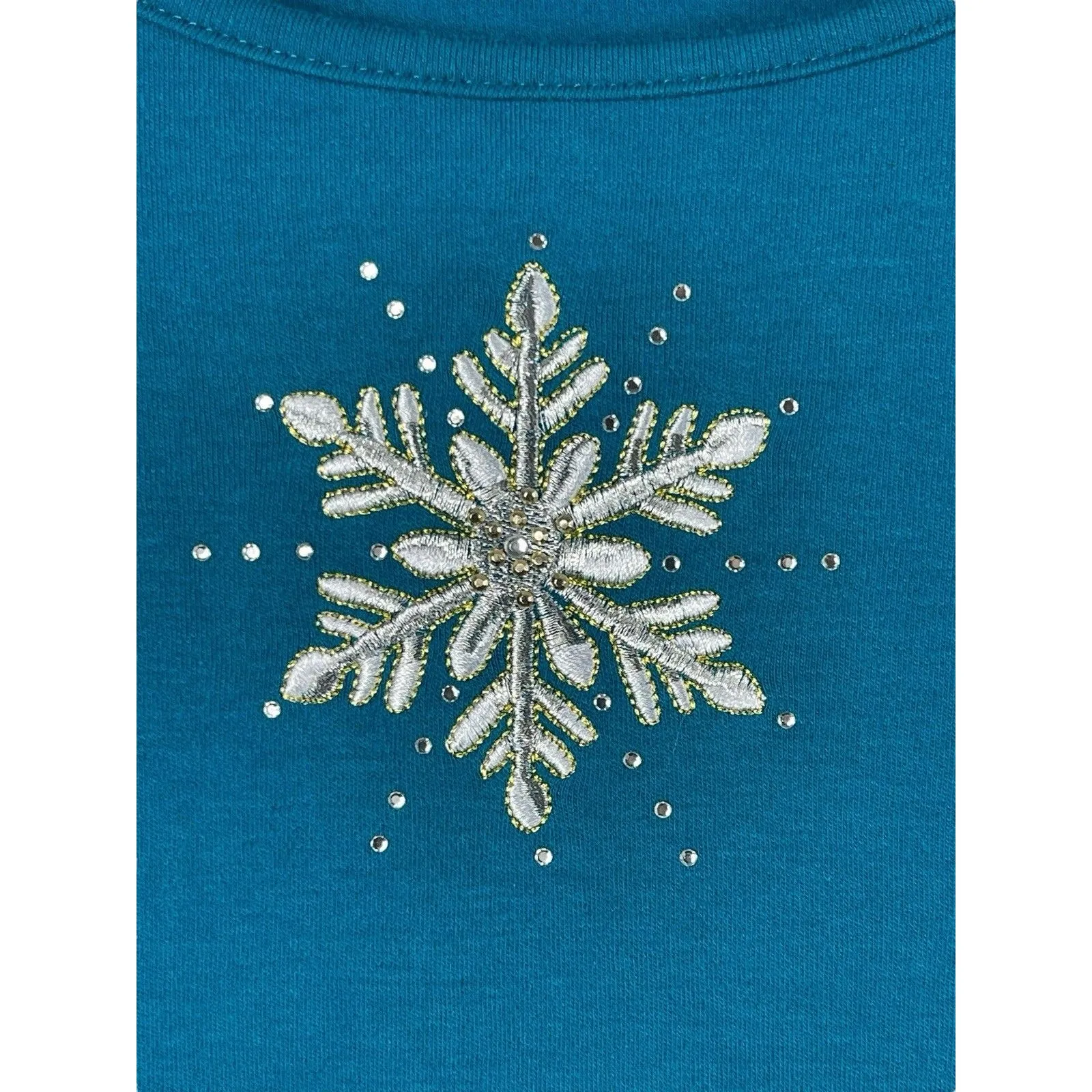 Quacker Factory 1X Turquoise Blue Snowflake Embellished Top Holiday Winter - Image 2