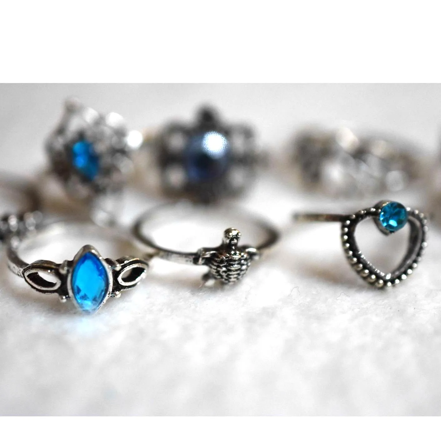 NWOT 12pc Set Stackable Silver Tone Blue Rhinestone Size 6 to 8.5 Rings - Image 5