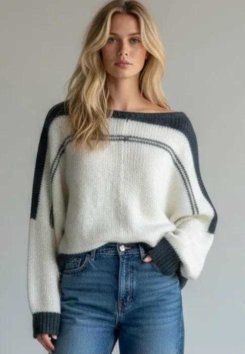 Wooden Ships Oversized Boatneck Striped Open Knit Cotton Sweater Medium Large - Image 1