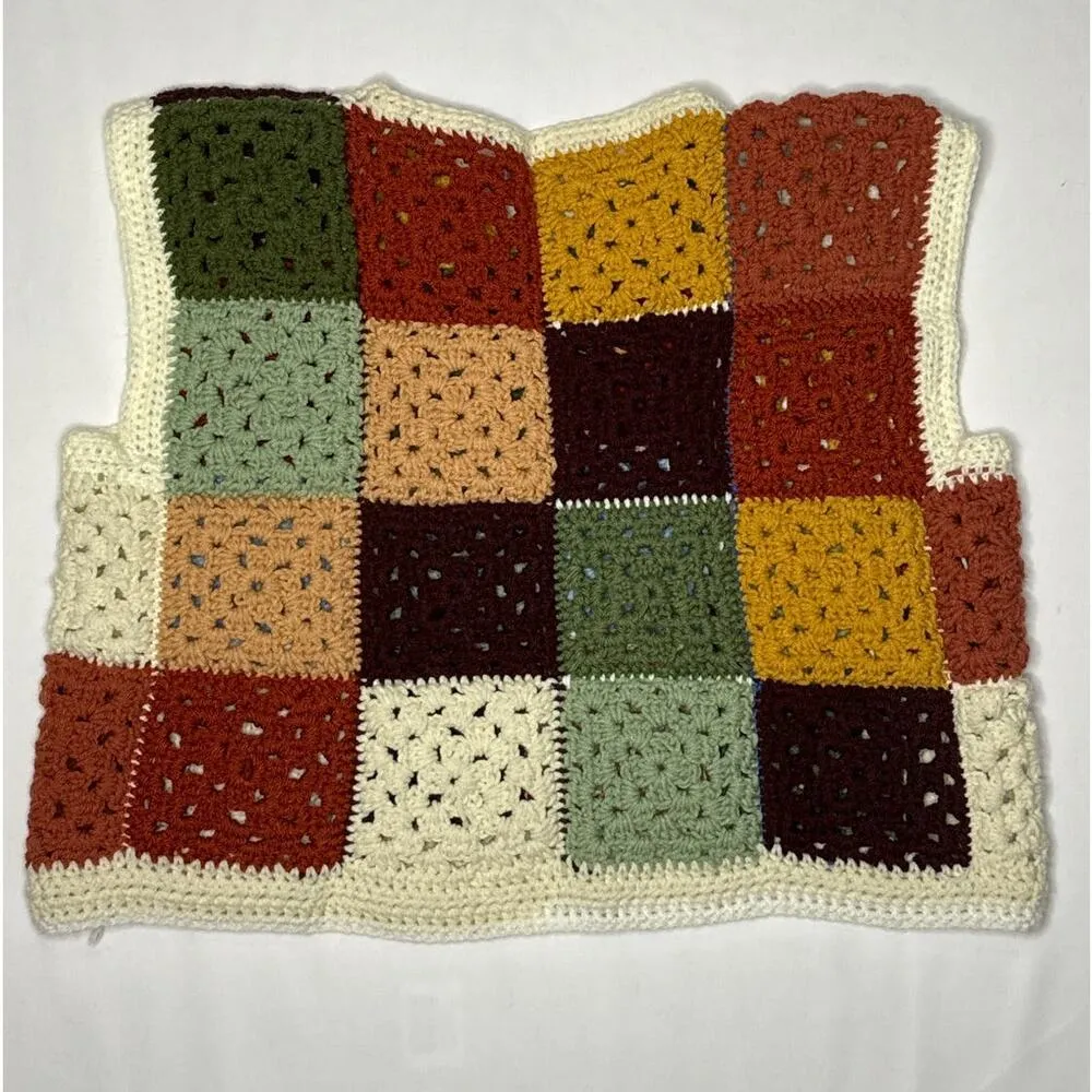 Vintage OOAK Handmade Crocheted Patchwork Hippie crop Vest Multicolor medium Brown - Image 10