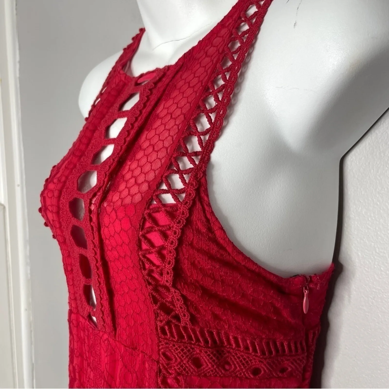 FREE PEOPLE Dress Womens Size 2 Cherry Red Crochet Mini Holiday Date Valentines - Image 5