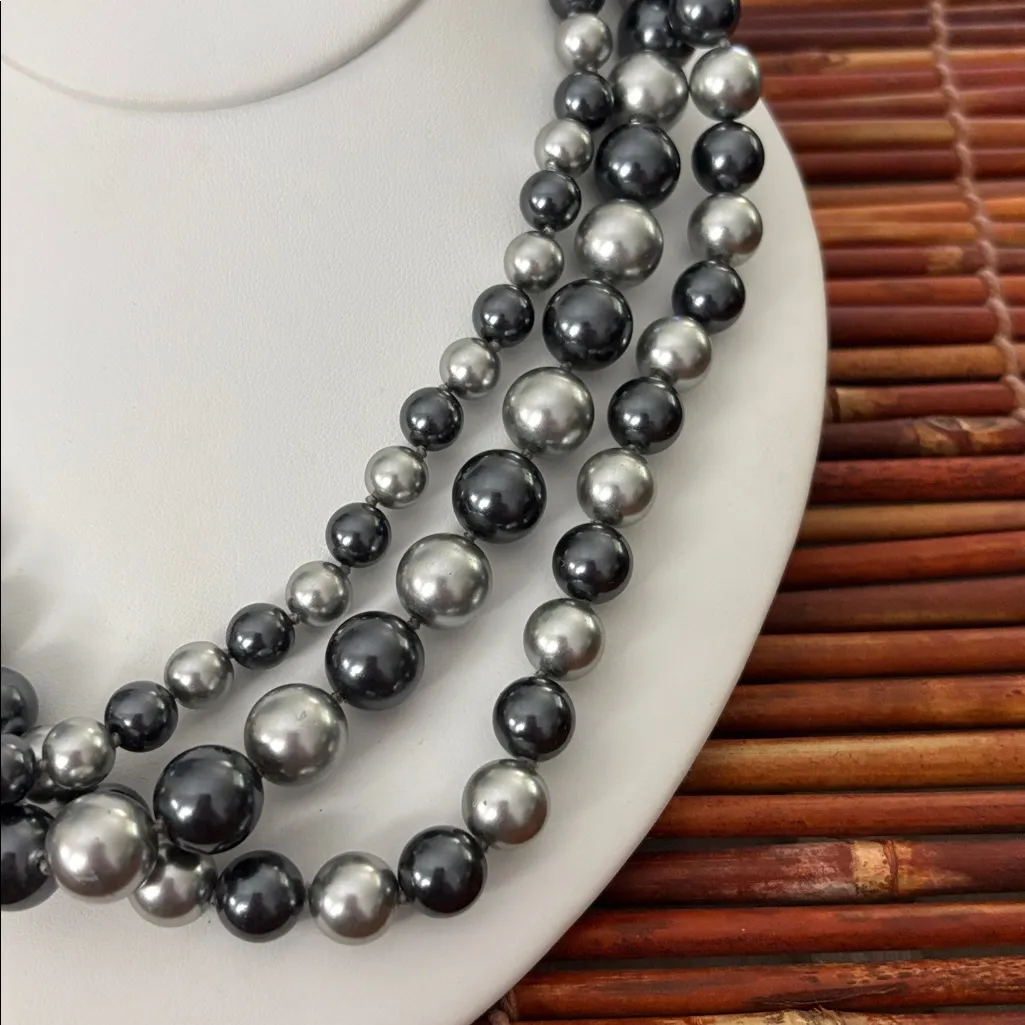 Elegant Black and Grey Faux Pearl Triple Strand Necklace 20” - Image 2