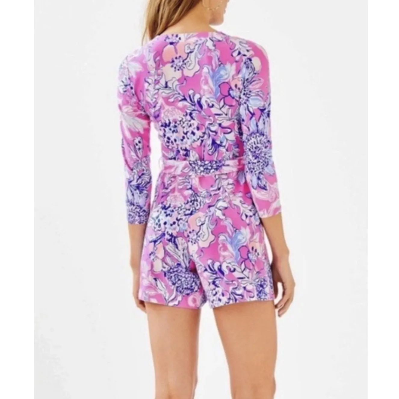 Lilly Pulitzer Karlie Wrap Romper Pink Blue Floral Print Tie Waist Womens Sz XXS - Image 3