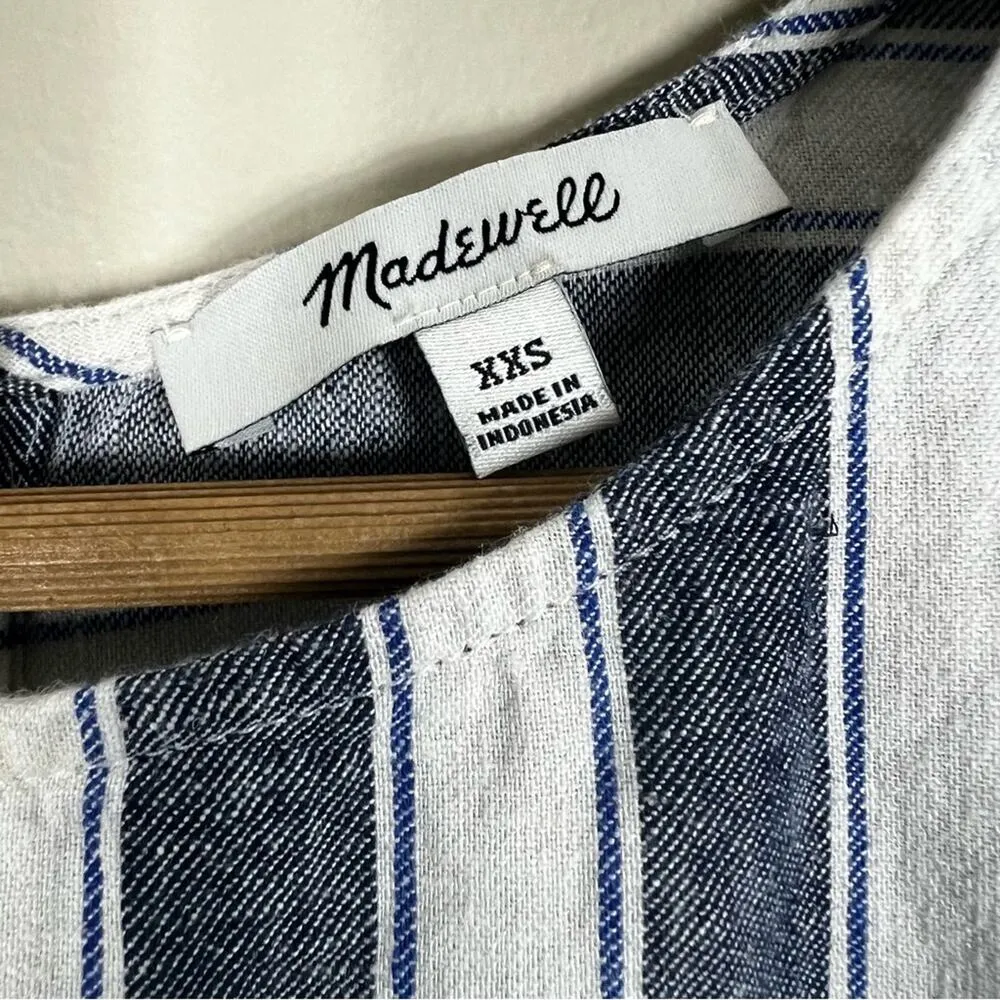 Madewell Striped Play Button Back Dress Womens XXS Blue White Linen Nautical - Image 5