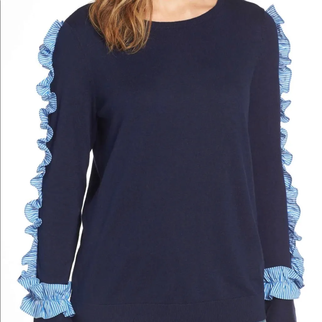 NWT Halogen x Nordstrom Navy Striped Ruffles Sleeve Tee Sweater - Image 2