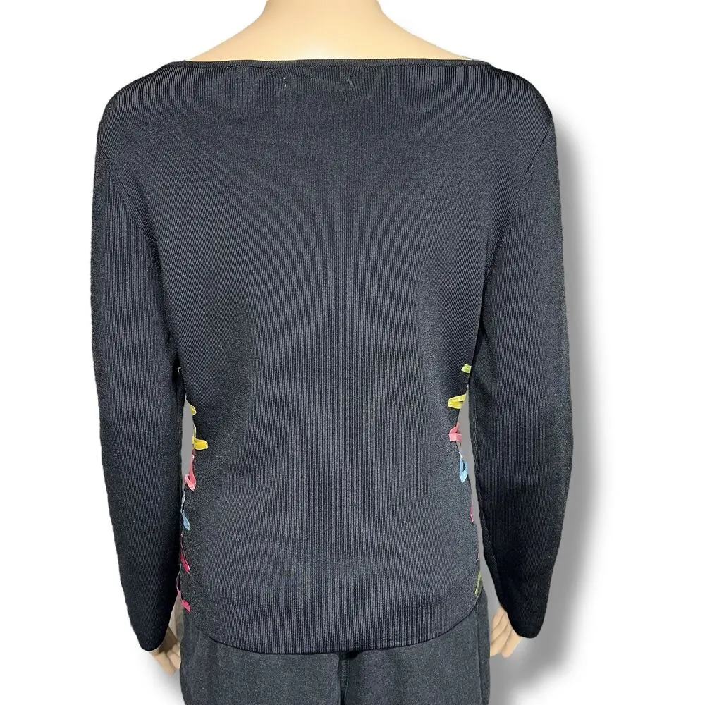 Vintage Prima Bella Womens Knit Sweater Top Boat Neck Satin Ribbon Accent Medium Black - Image 4