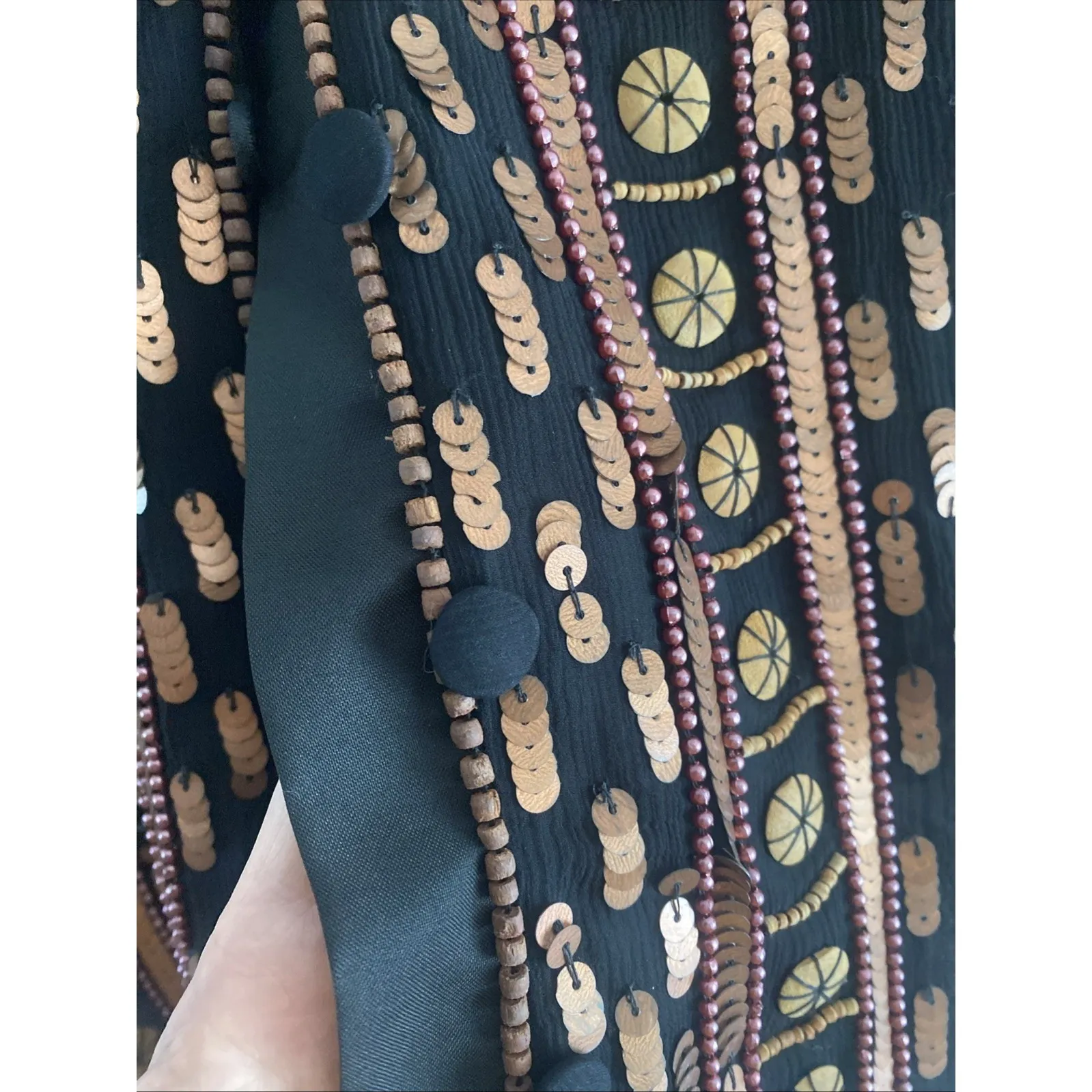 Vintage Other Destination Silk Beaded Vest Womens Small Wooden Beads Boho Artsy Black - Image 4