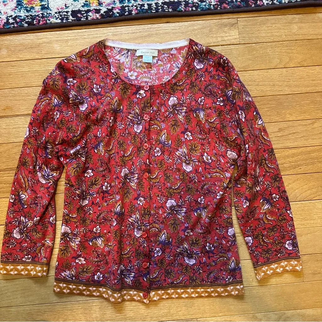 Garnet Hill Merino Wool Floral Button Down Cardigan Womens Medium - Image 6