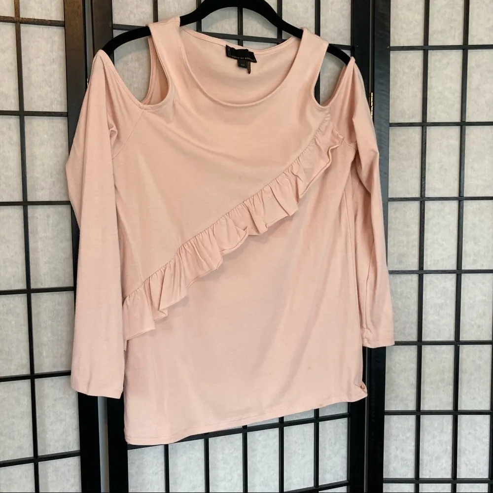 i Jeans by Buffalo Cold Shoulder Ruffle Long Sleeve Top Blouse Blush Pink Small - Image 2