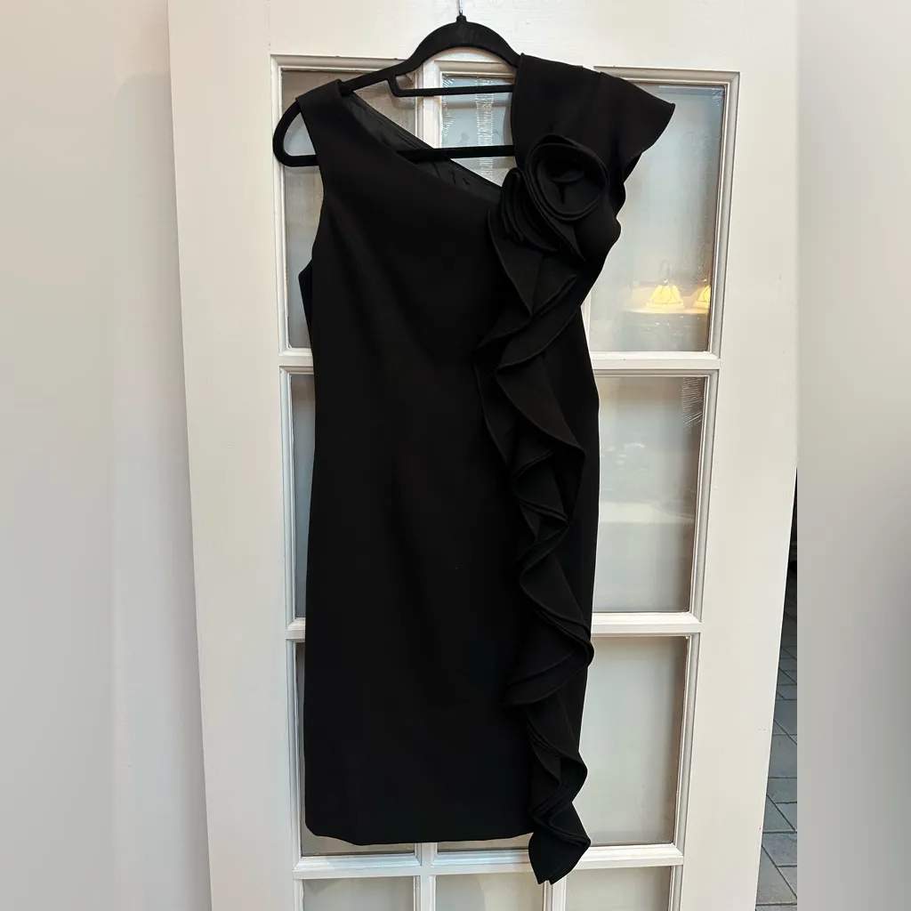 RICKIE FREEMAN FOR TERI JON Asymmetric Neck Crepe Dress Side Ruffle Size 2 XS Black - Image 2