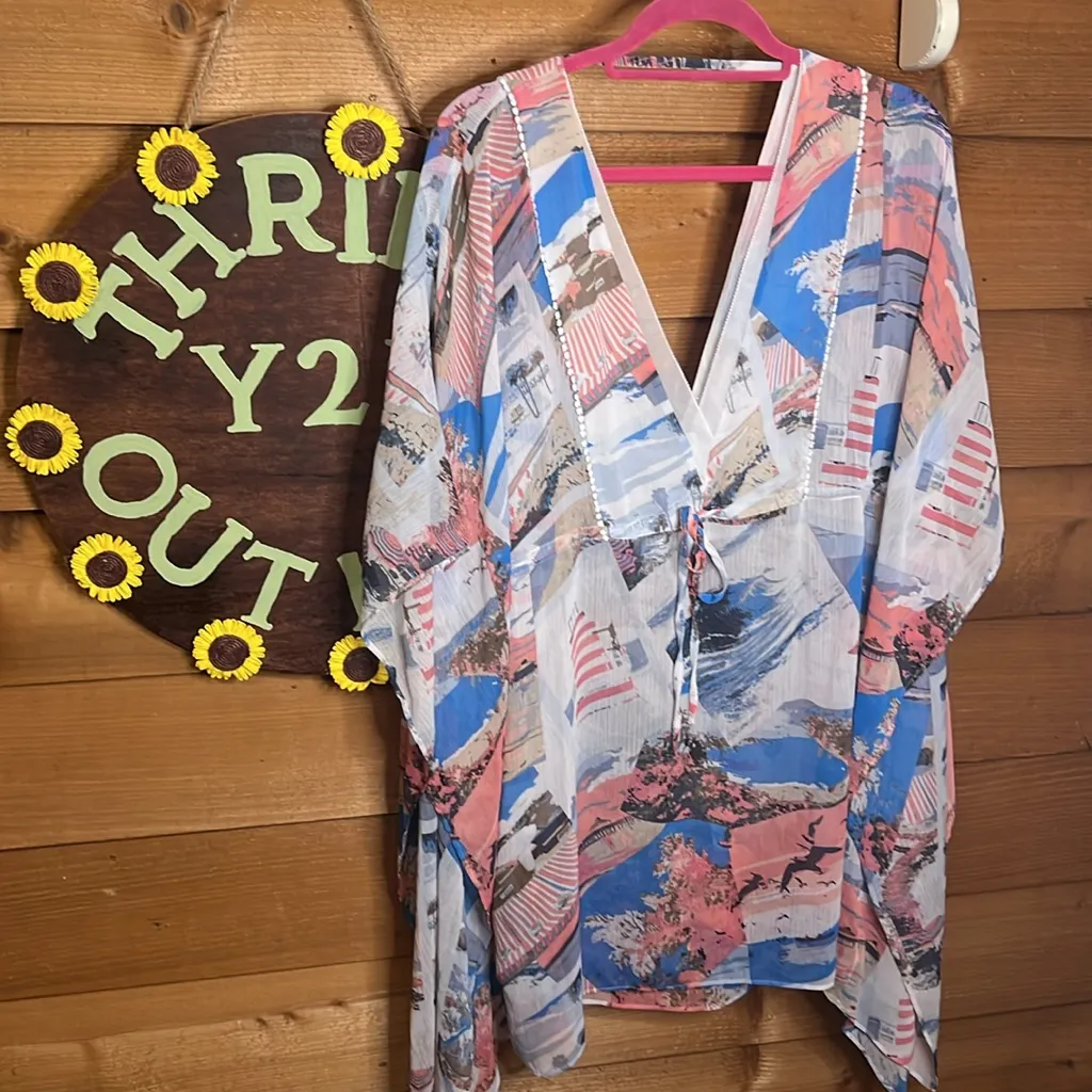 White House Black Market Caftan Beach Coastal Ocean Cover Up Swim Tie Kimono O/S - Image 2