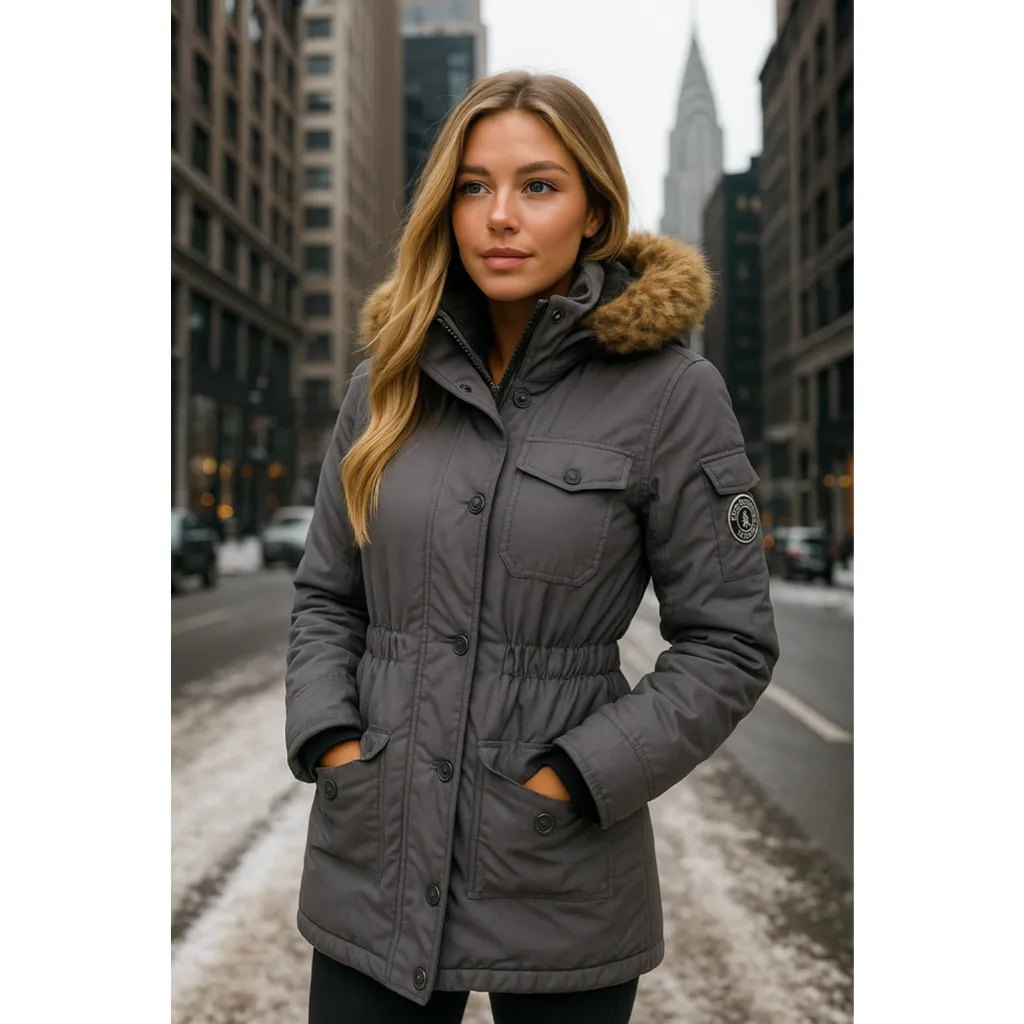 Abercrombie & Fitch A&F Premium Arctic Parka Gray Faux Fur Hood XXS Coat Utility - Image 2