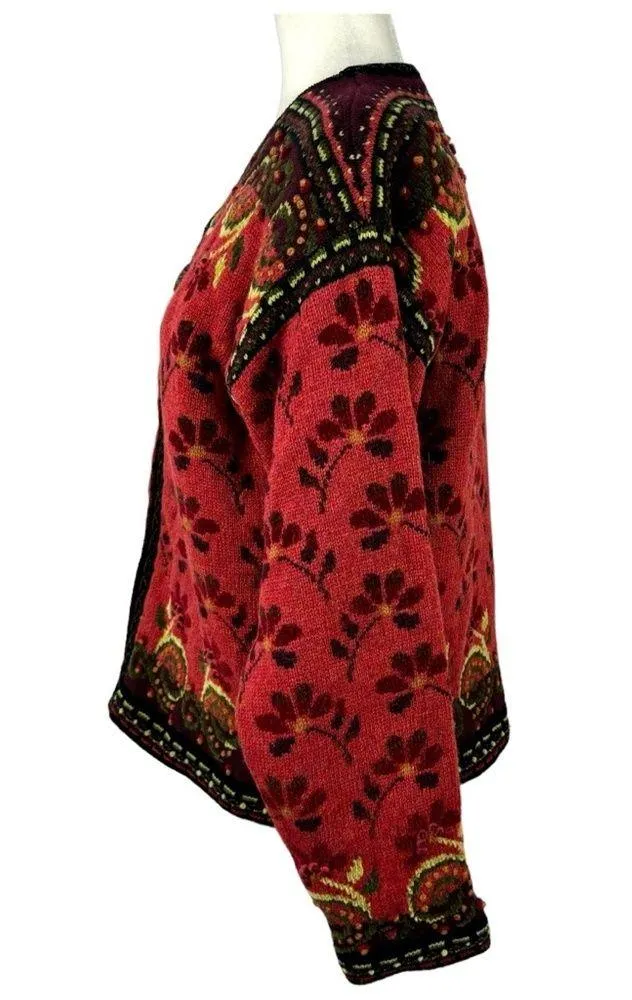 Icelandic Design Full Zip Jacket Wool 3D Knit Textured Floral Vintage Lined L Size L - Image 9