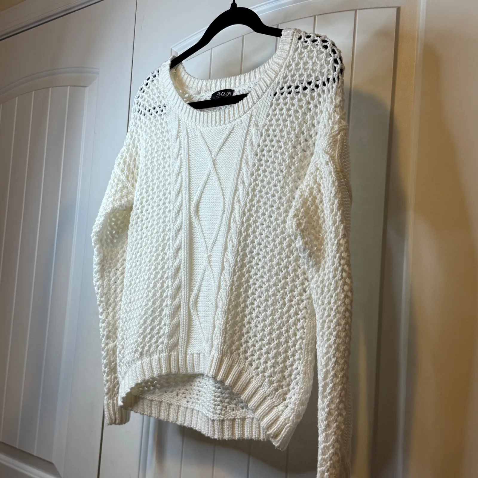 ANA A New Approach White Cable Knit Crochet Sweater Petite Size SP High/Lo‎ # - Image 5