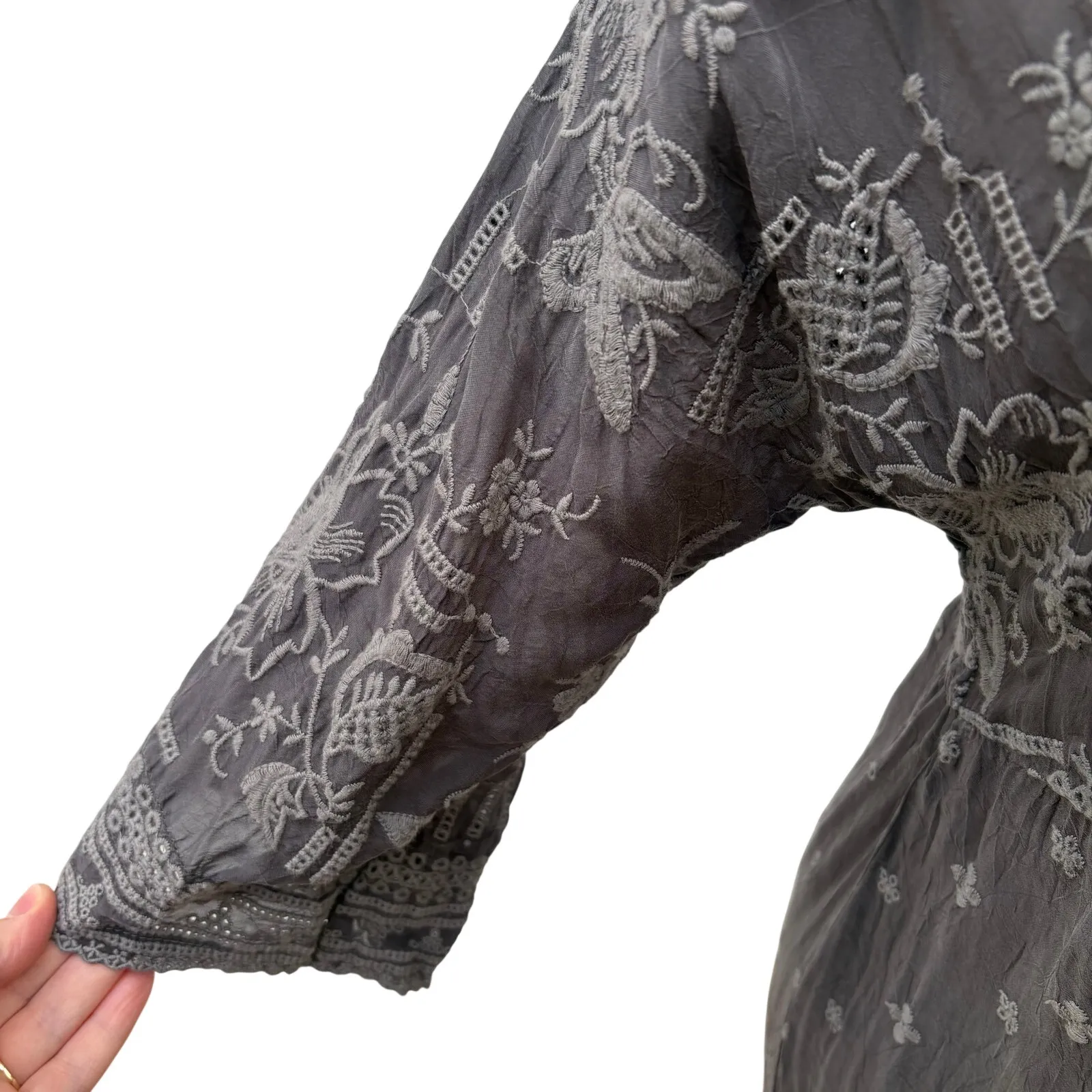 Johnny Was Dress Tunic Sz M Gray Embroidered Eyelet Pintuck Mini Boho Coastal - Image 10