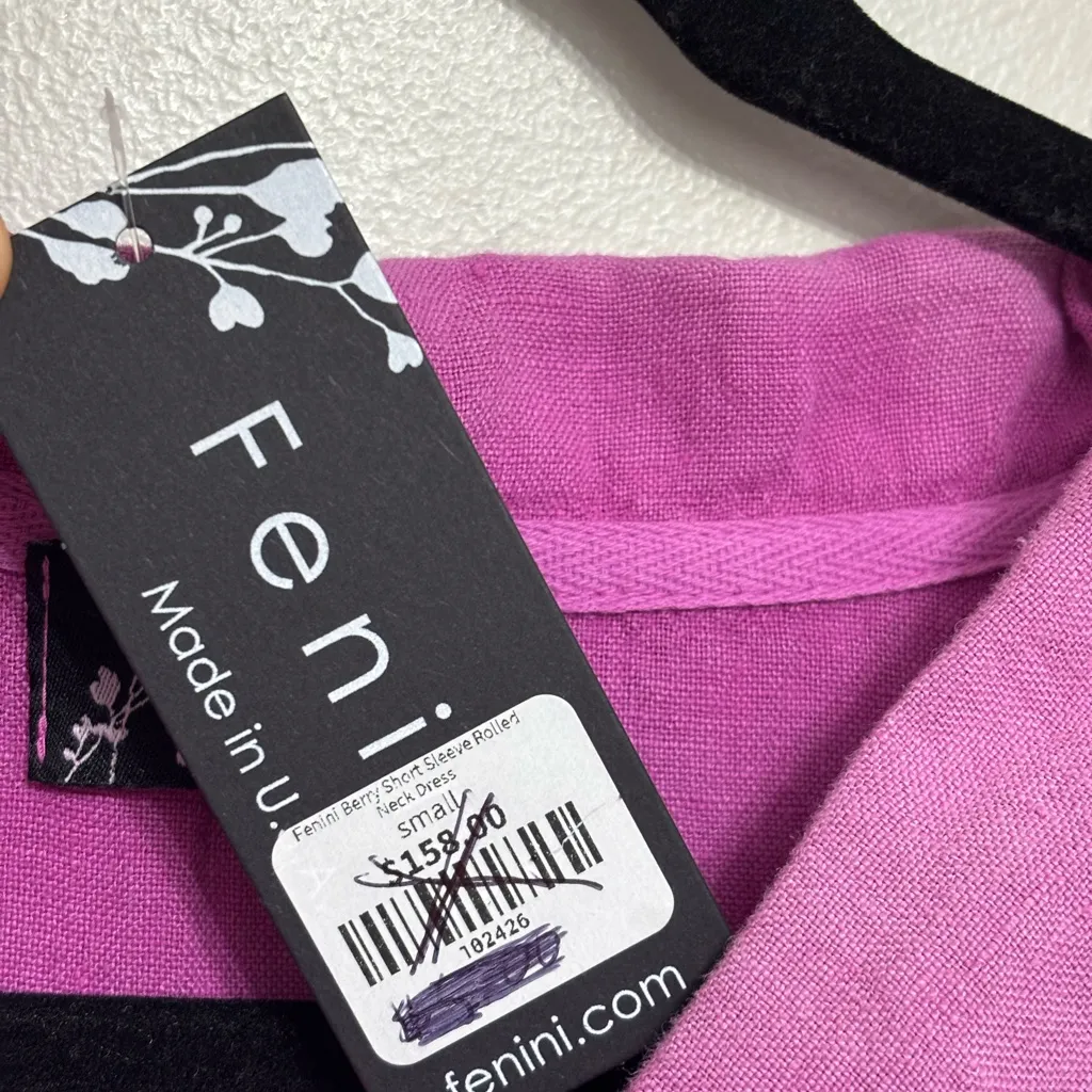 NWT Fenini Short Sleeve 100% Linen Rolled Neck Dress in Berry Tie Dye - Image 4