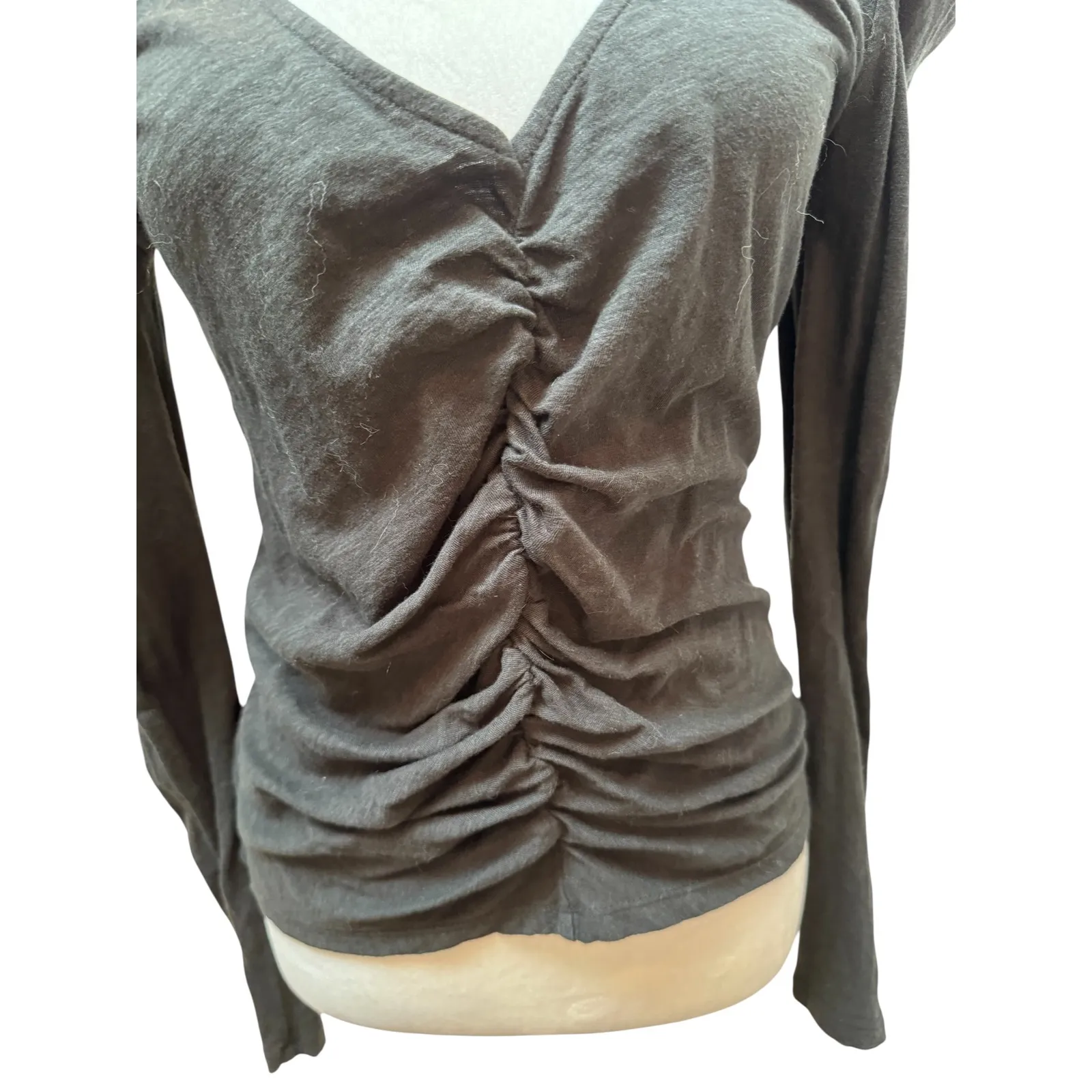 Z Supply Black Long Sleeve Top Ruched V Neck Blouse Puff Sleeve Fitted S - Image 2