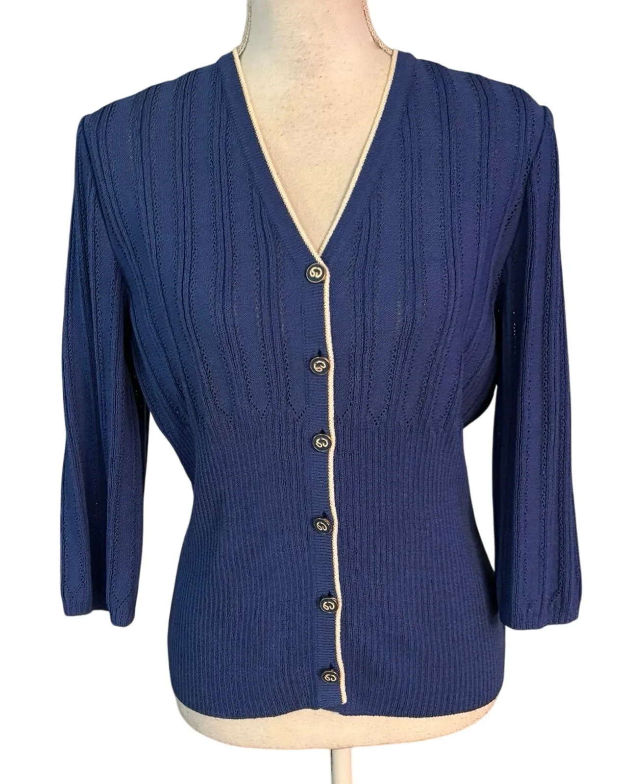 St John Collection Size 6 Cardigan Sweater Santana Knit Unique Buttons Blue - Image 1