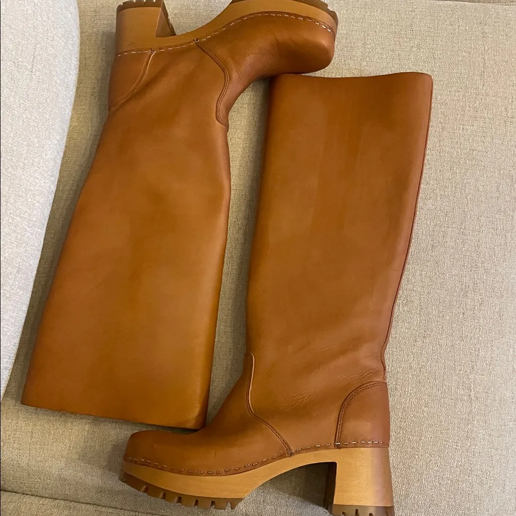 Swedish Hasbeens Plain Knee Boots Tan Size 11 - Image 5