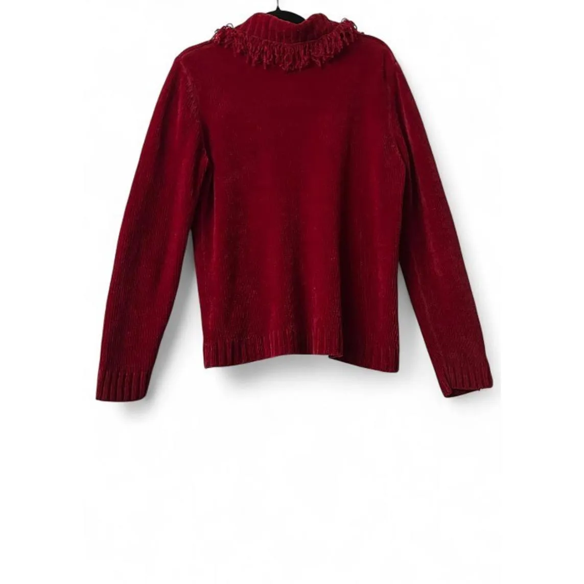 Deep Red Fringe Cowl Neck Sweater Women’s XL Soft Goth Witchy Cabin Core Autumn Red - Image 2