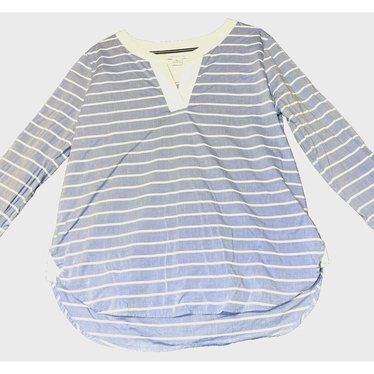 Liz Claiborne Striped V-Neck Tunic Top Womens Size XL Blue White Nautical Casual - Image 2