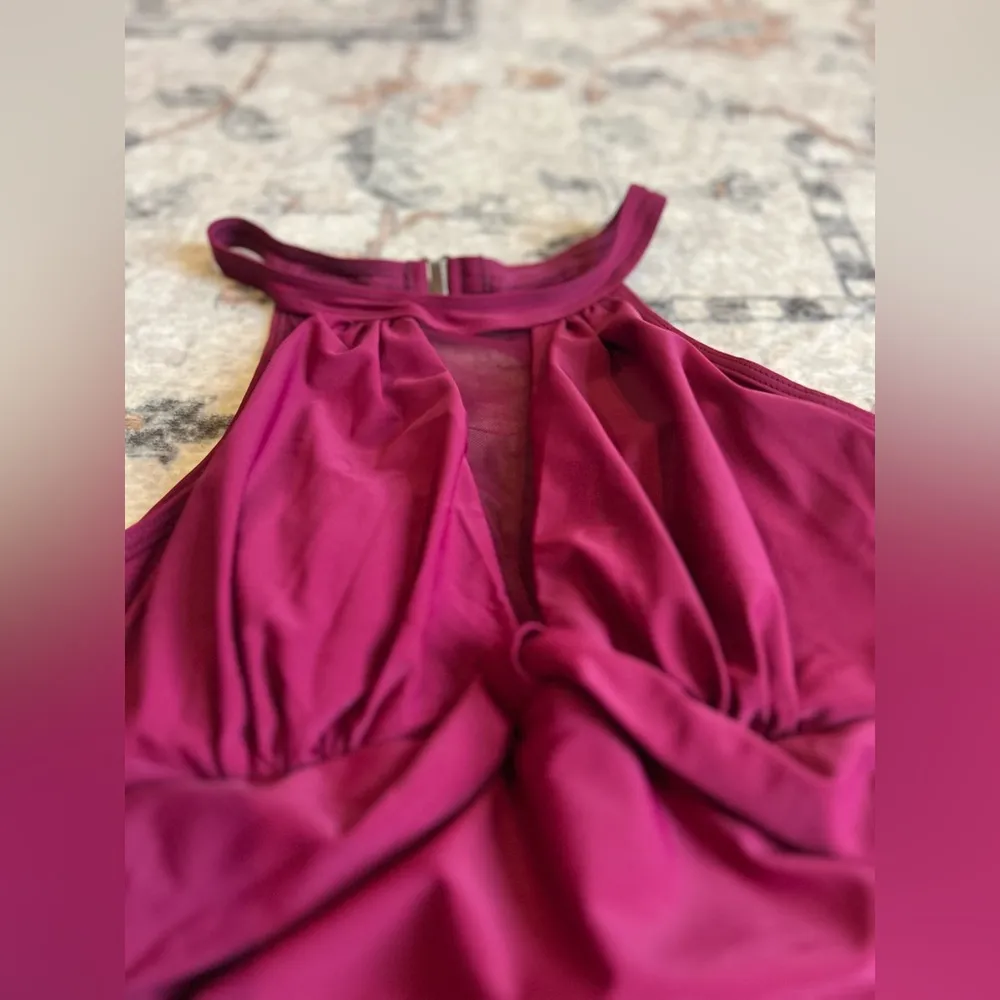 Tempt Me Women One Piece Swimsuit High Neck Plunge Ruched Small Red - Image 4