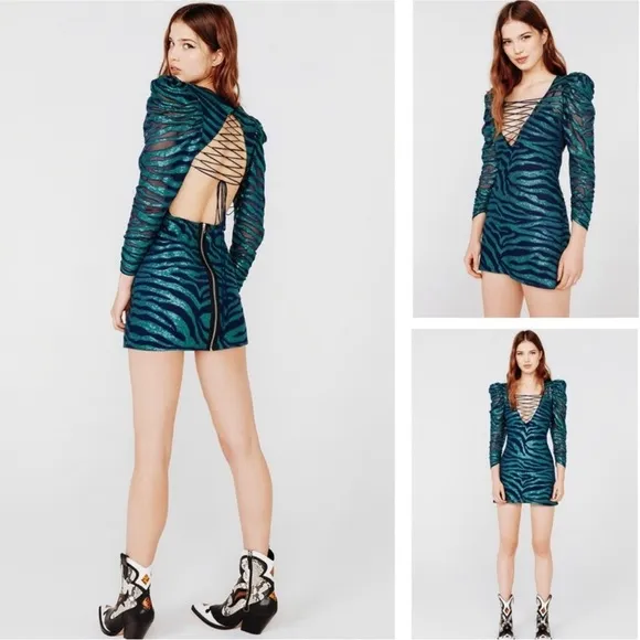 Metallic Formal Dress •Designer• For Love and Lemons NWT Emerald Sequin Lace Up - Image 10