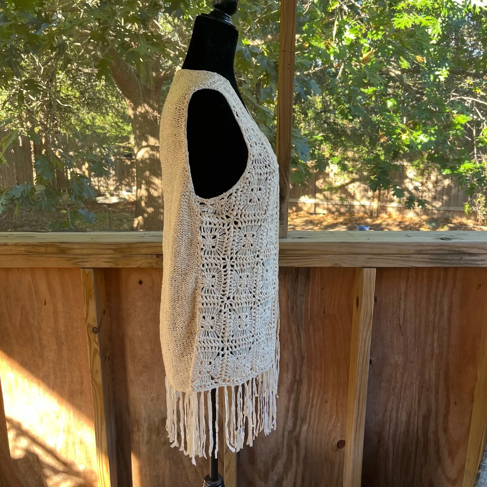 Reba Women's Tan Crocheted Open Vest Cardigan Fringe Trim Size M Size M - Image 2