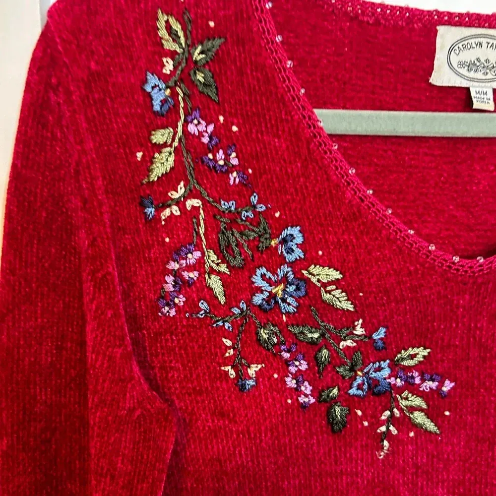 Carolyn Taylor Red Vintage Floral Embroidered Beaded Sweater - Image 5
