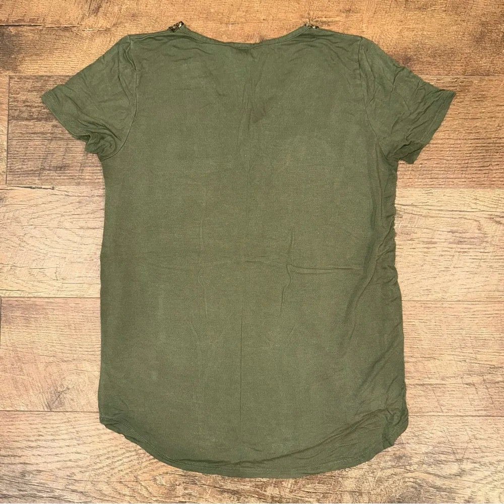 7th Ray Olive Green Sequin Trim Pocket V-Neck Top - Image 6