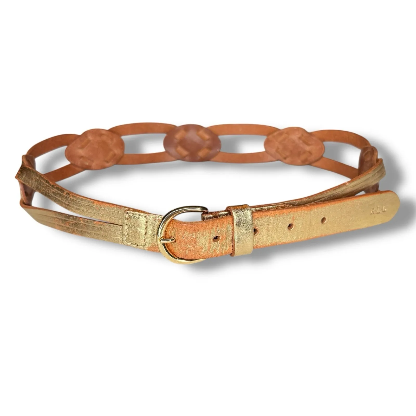 LRL Ralph Lauren Leather Belt Small 1.5" Gold Woven Braided Distressed Vintage - Image 3