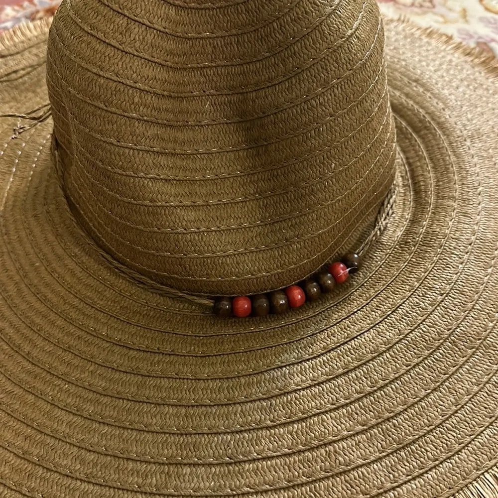 None Brown Floppy Straw Fringe Hat with Beads - Image 10