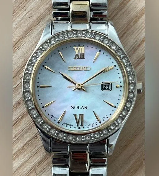 Seiko Solar Ladies Watch Swarovski Crystals Two-Tone Bracelet Pearl Dial Date - Image 1
