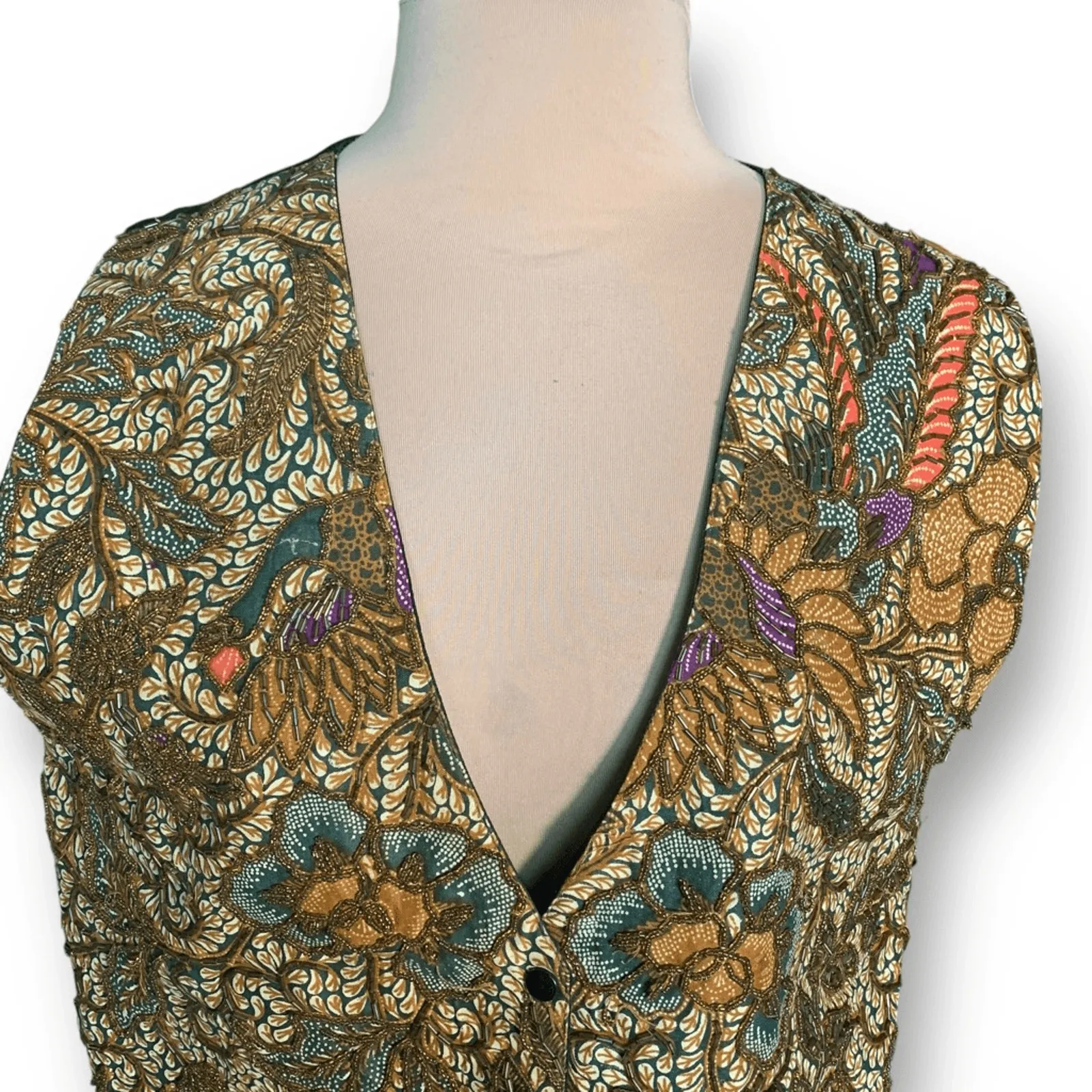 Vintage 90s Tan Floral Tapestry Vest Embroidered Jacquard Waistcoat Beaded Boho Size L - Image 5